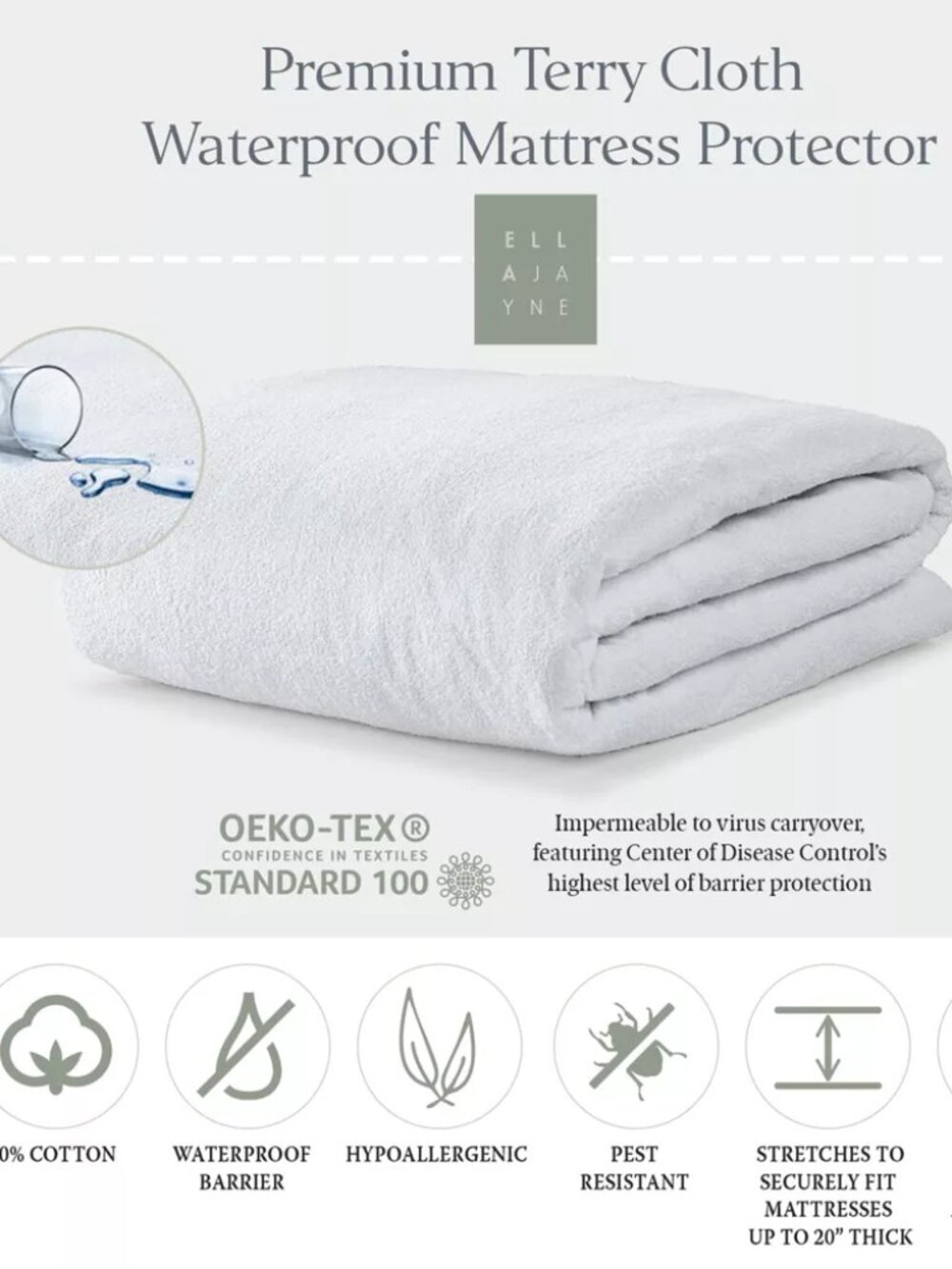 Ella Jayne Cotton Terry Cloth Mattress Protector Waterproof Deep Pocket to 20"
